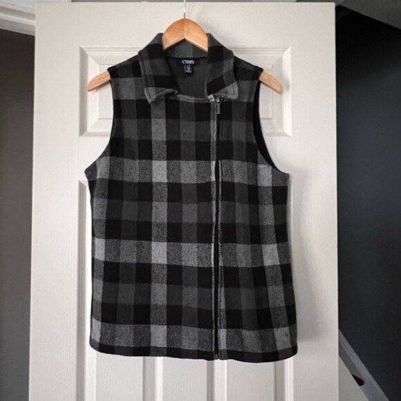 Chaps Black Gray Buffalo Plaid Vest Large L Zip Front Sleeveless Fall Winter - Picture 1 of 3